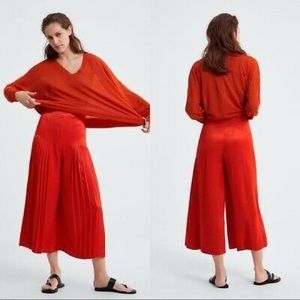 NEW Zara Woman Satin Red Pleated Culottes